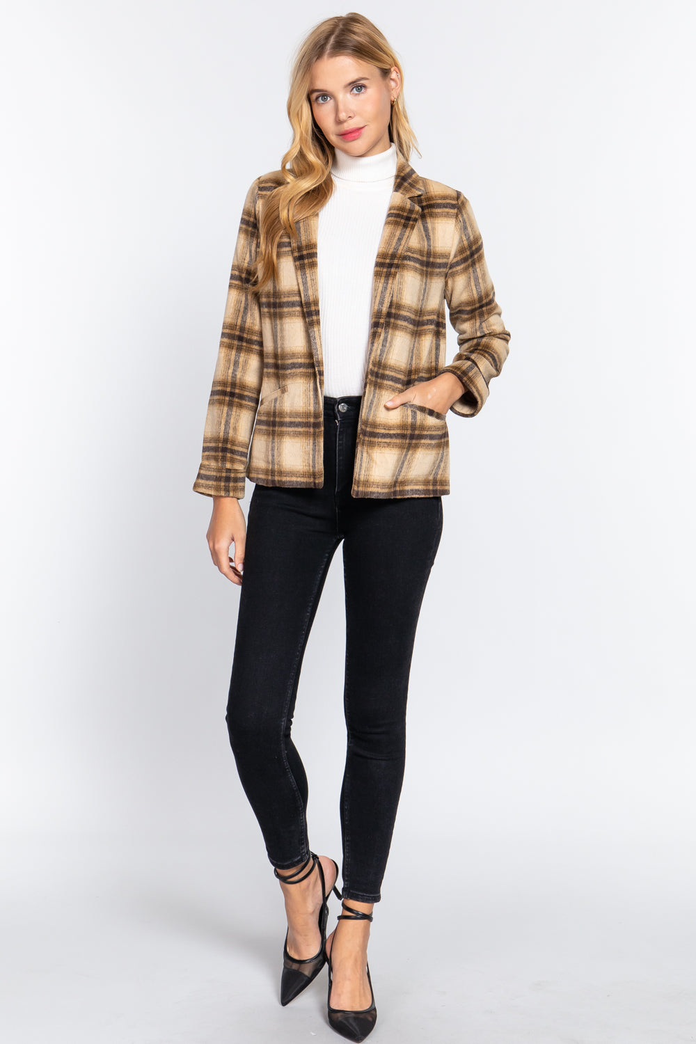 Women's Notched Collar Plaid Jacket Wool Like Long Sleeve Blazer Coat