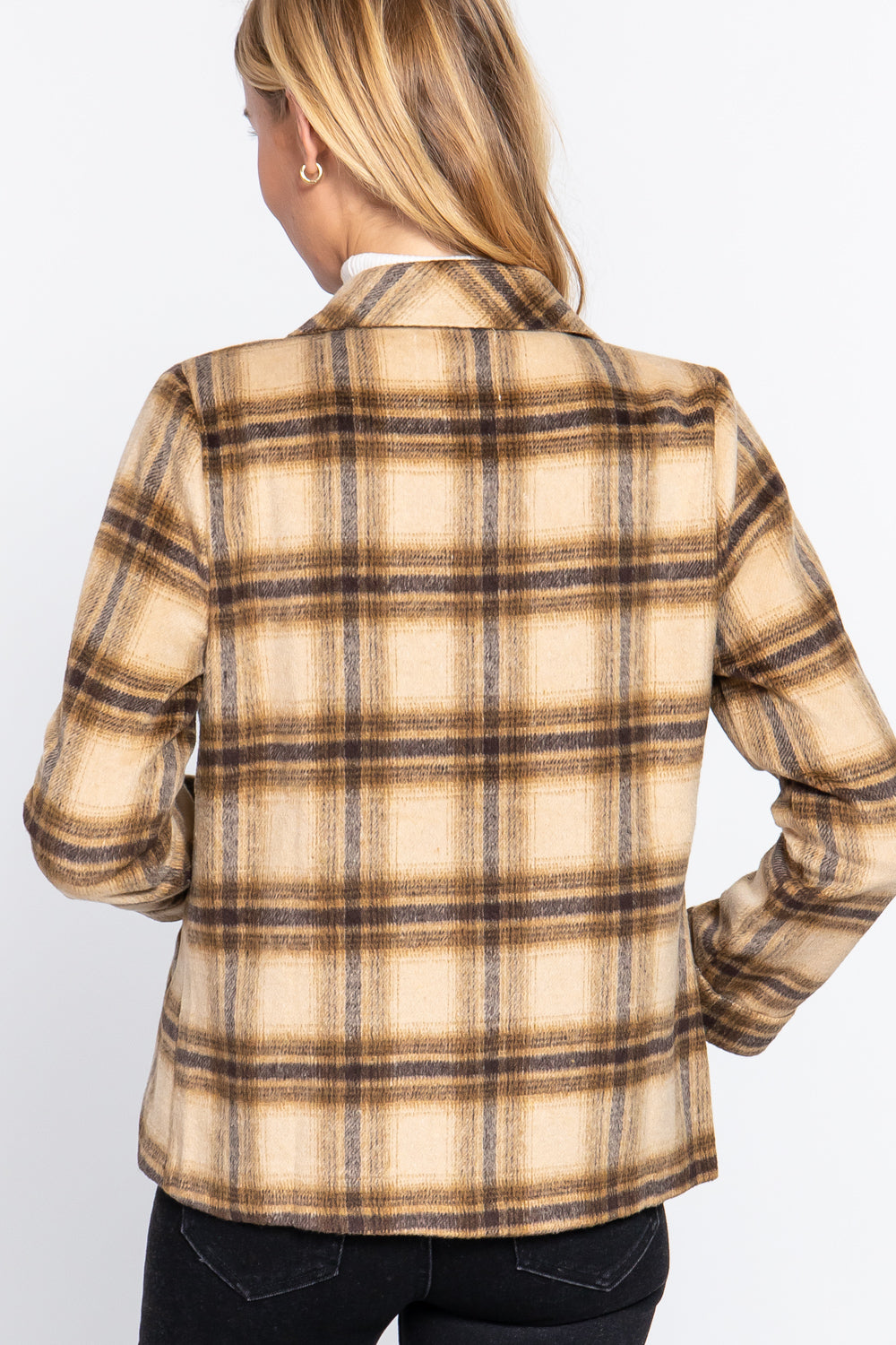 Women's Notched Collar Plaid Jacket Wool Like Long Sleeve Blazer Coat