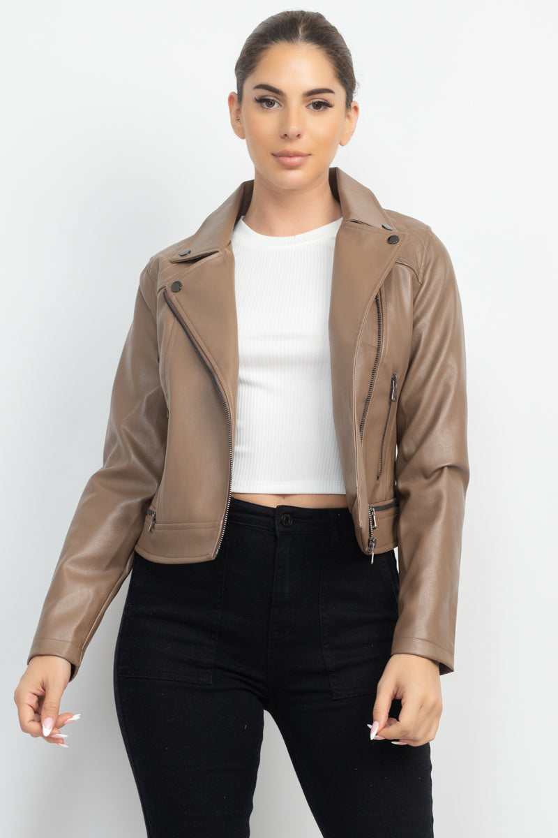 Women's Faux Leather Zippered Notch Lapel Coat Rider Moto Jacket - Coffee