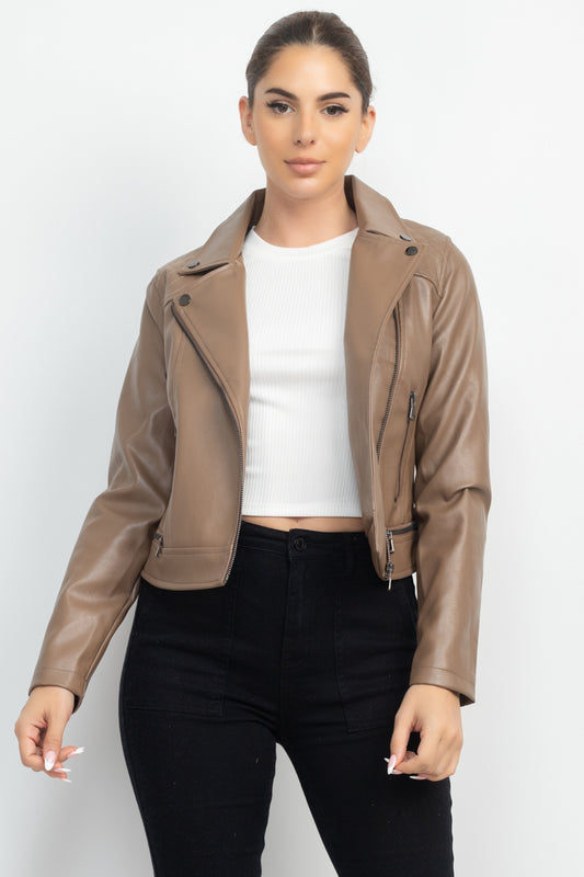 Women's Faux Leather Zippered Notch Lapel Coat Rider Moto Jacket - Coffee
