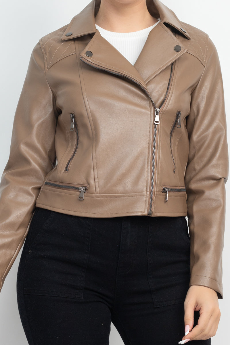 Women's Faux Leather Zippered Notch Lapel Coat Rider Moto Jacket - Coffee