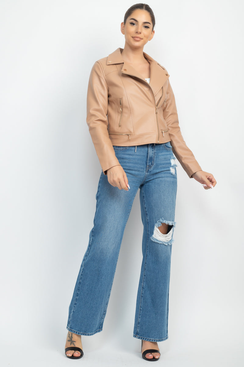 Women's Faux Leather Zippered Notch Lapel Coat Rider Moto Jacket - Taupe