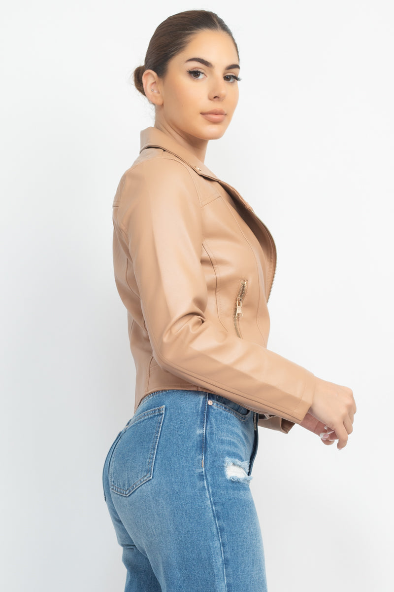 Women's Faux Leather Zippered Notch Lapel Coat Rider Moto Jacket - Taupe