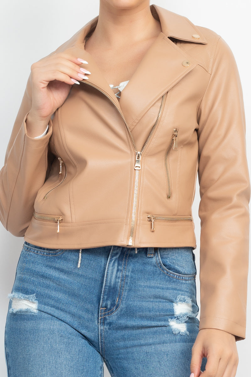 Women's Faux Leather Zippered Notch Lapel Coat Rider Moto Jacket - Taupe