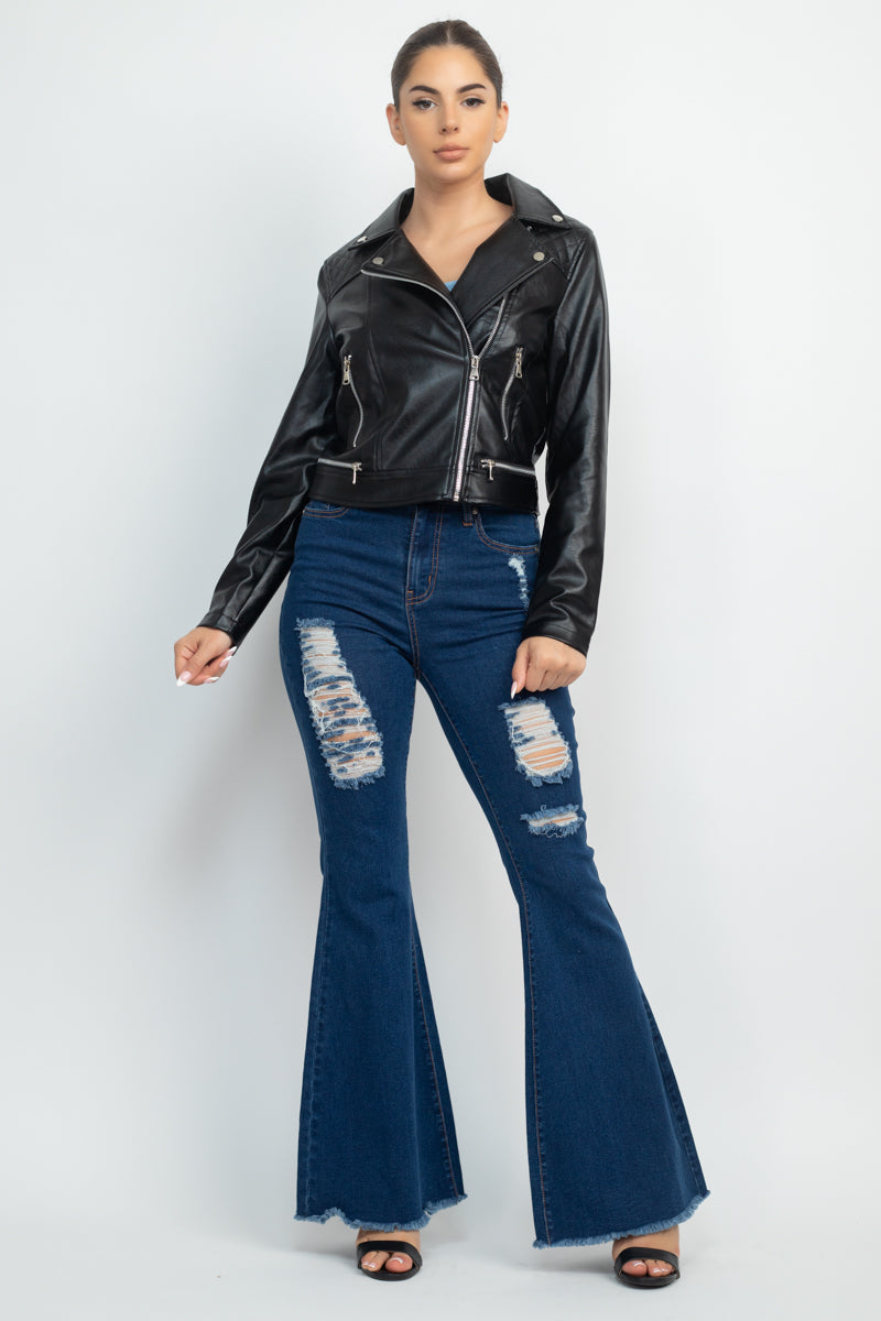 Women's Faux Leather Zippered Notch Lapel Coat Rider Moto Jacket - Black