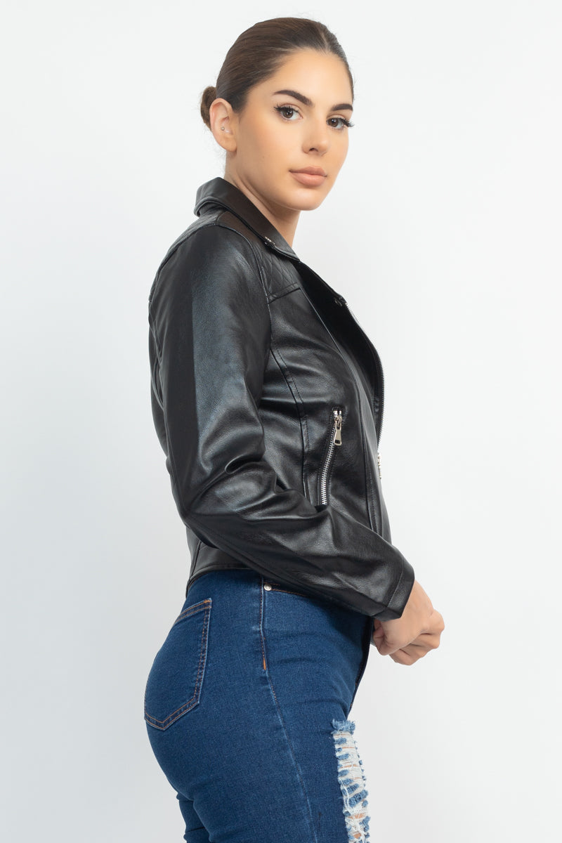 Women's Faux Leather Zippered Notch Lapel Coat Rider Moto Jacket - Black