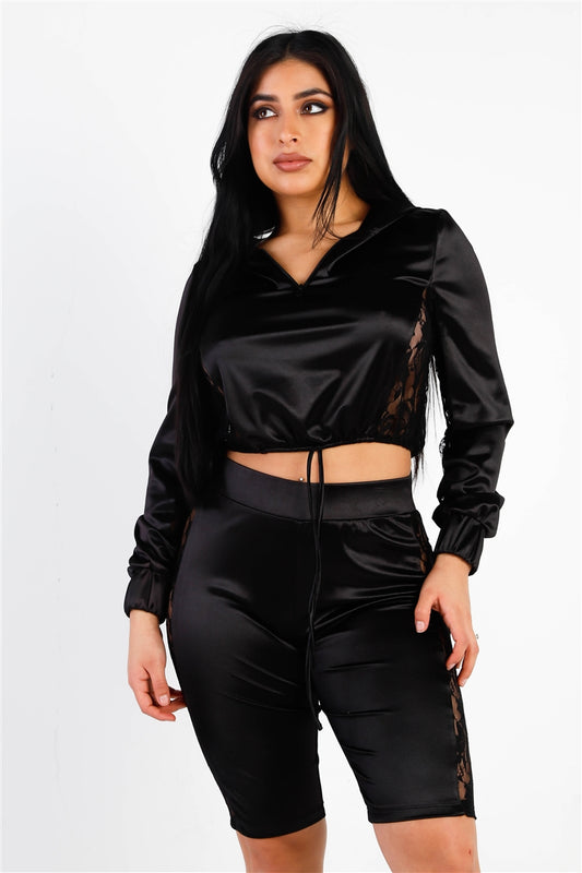 Women's Satin Lace Long cuffed Sleeve Zip-up Hooded Crop Top & Biker Short Set