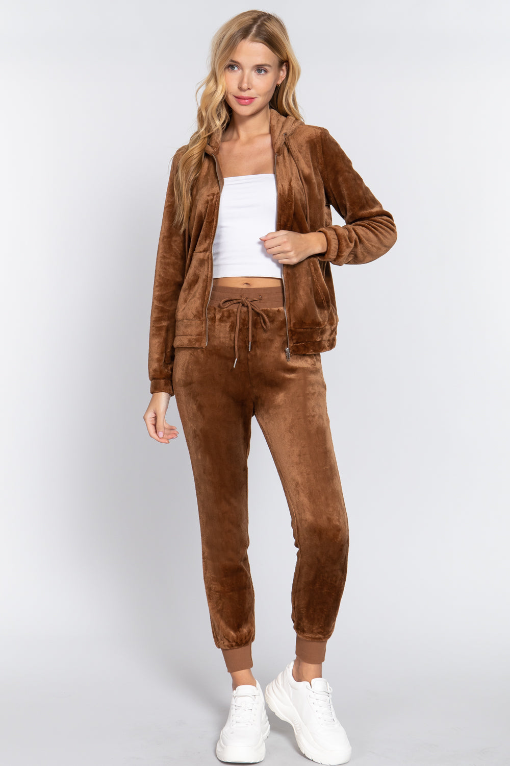 Women's Faux Fur Full Zip Hoodie Jacket & Jogger Pants Sweatpants Set Loungewear