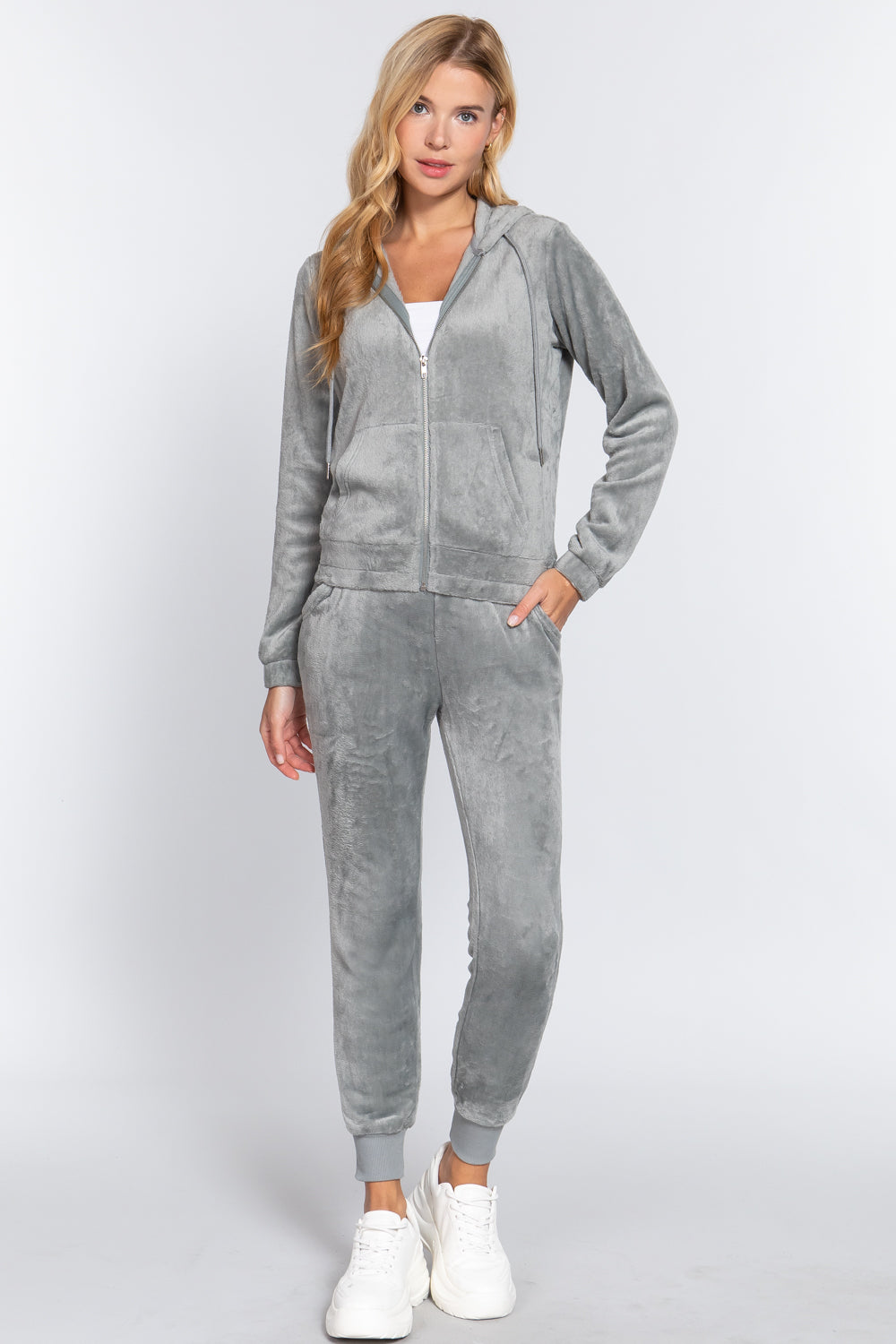 Women's Faux Fur Full Zip Hoodie Jacket & Jogger Pants Sweatpants Set Loungewear