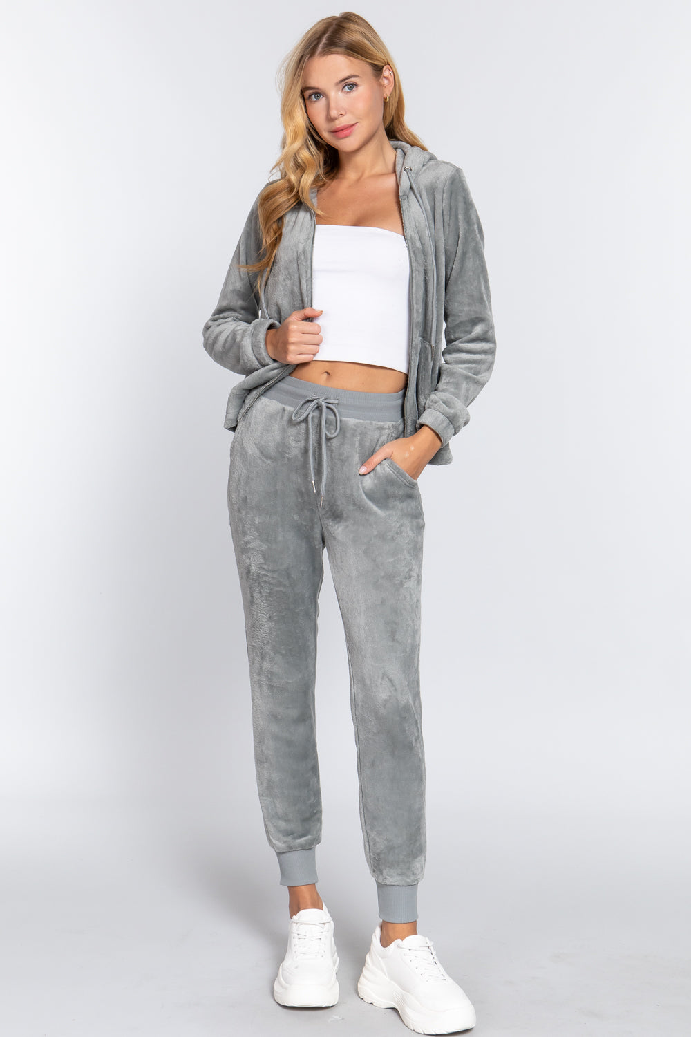Women's Faux Fur Full Zip Hoodie Jacket & Jogger Pants Sweatpants Set Loungewear