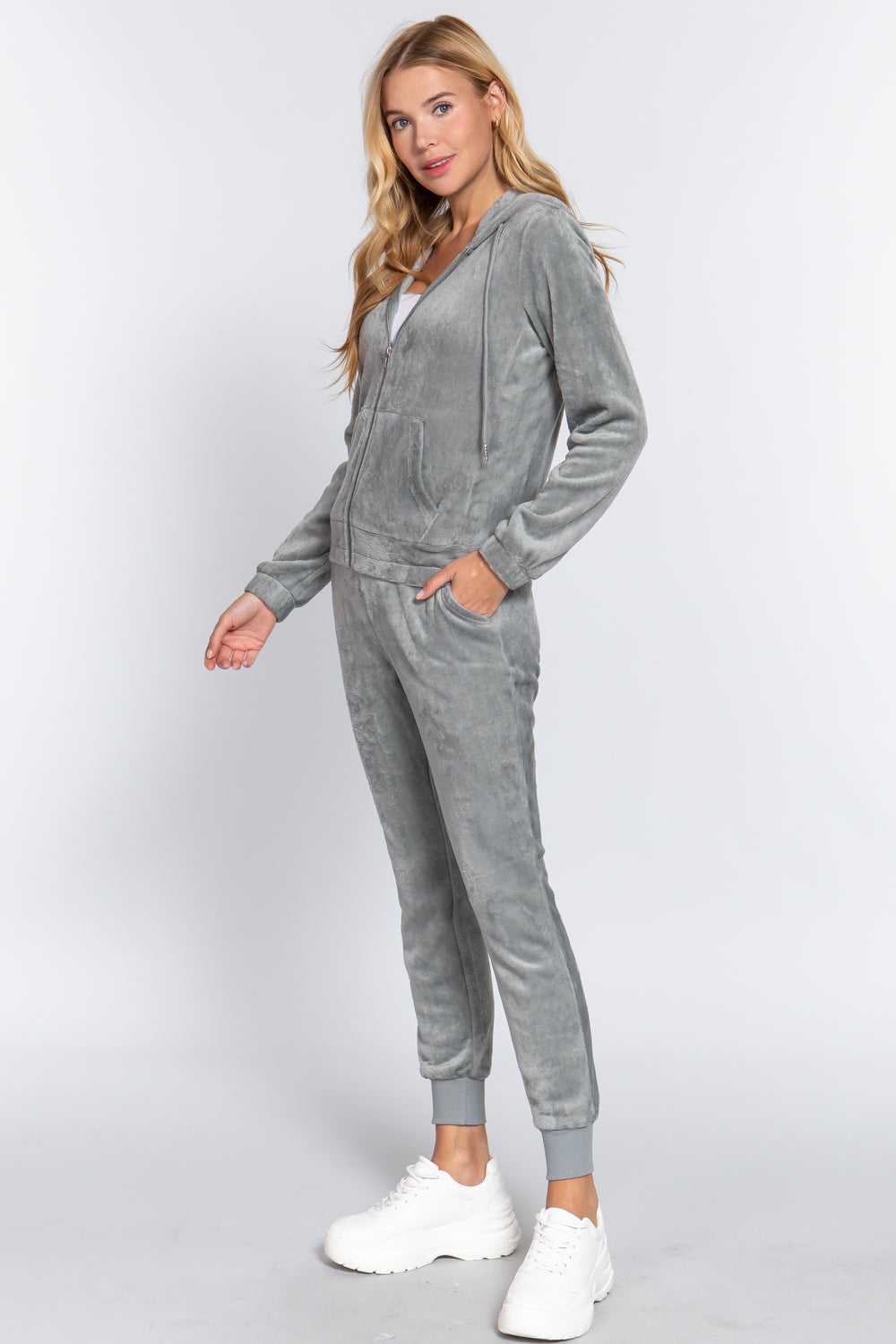 Women's Faux Fur Full Zip Hoodie Jacket & Jogger Pants Sweatpants Set Loungewear