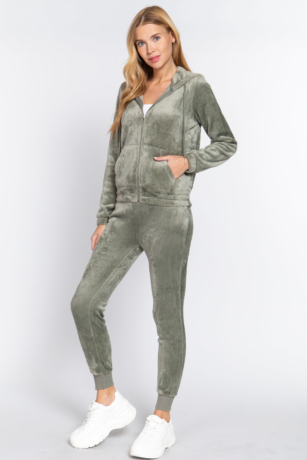 Women's Faux Fur Full Zip Hoodie Jacket & Jogger Pants Sweatpants Set Loungewear