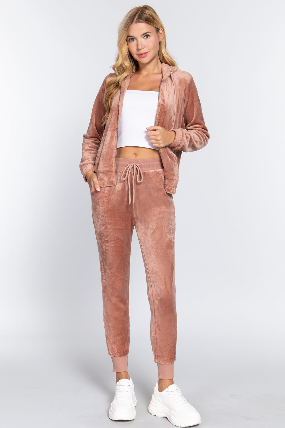 Women's Faux Fur Full Zip Hoodie Jacket & Jogger Pants Sweatpants Set Loungewear