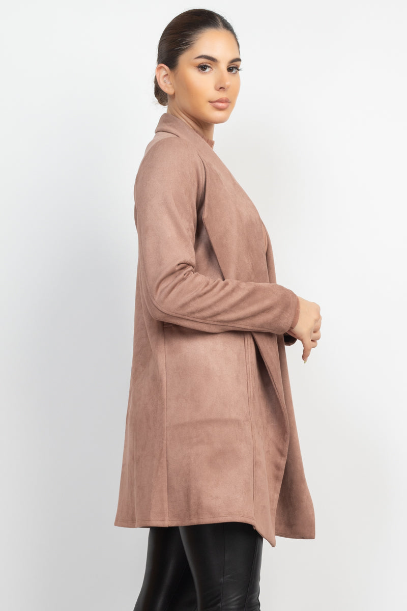 Women Open Front Faux Suede Jacket Notch Collar Long Sleeves Blazer - Dark Mauve