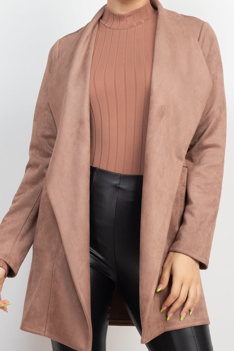 Women Open Front Faux Suede Jacket Notch Collar Long Sleeves Blazer - Dark Mauve