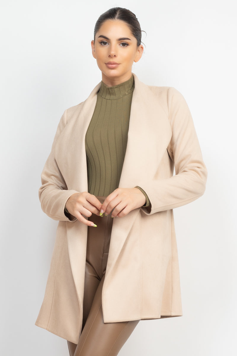 Women Open Front Faux Suede Jacket Notch Collar Long Sleeves Blazer - Deep Cream