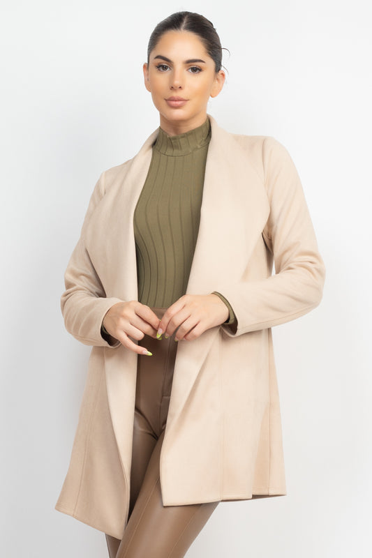 Women Open Front Faux Suede Jacket Notch Collar Long Sleeves Blazer - Deep Cream