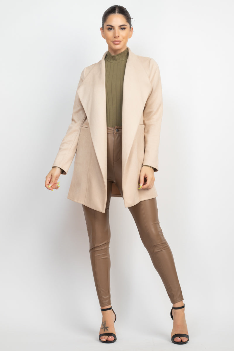 Women Open Front Faux Suede Jacket Notch Collar Long Sleeves Blazer - Deep Cream