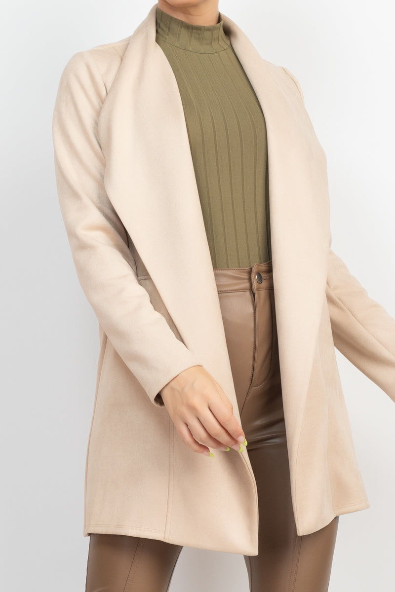 Women Open Front Faux Suede Jacket Notch Collar Long Sleeves Blazer - Deep Cream