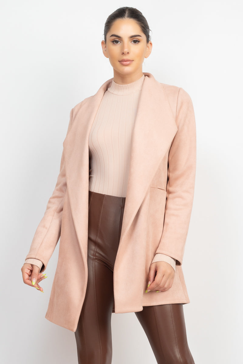 Women Open Front Faux Suede Jacket Notch Collar Long Sleeves Blazer Dusty Blush