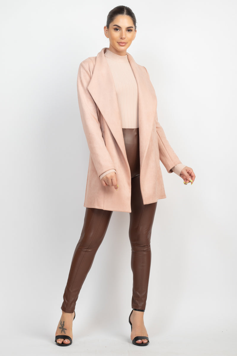 Women Open Front Faux Suede Jacket Notch Collar Long Sleeves Blazer Dusty Blush