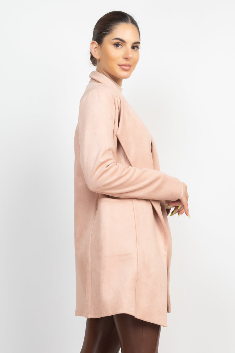 Women Open Front Faux Suede Jacket Notch Collar Long Sleeves Blazer Dusty Blush