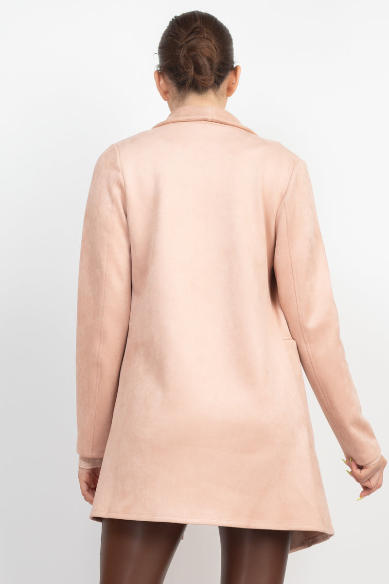 Women Open Front Faux Suede Jacket Notch Collar Long Sleeves Blazer Dusty Blush