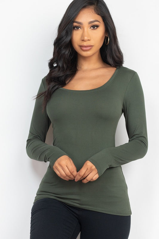 Women's Scoop Neck Solid Long Sleeve Tee Soft T-Shirt Top - Olive Green