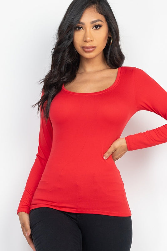 Women's Scoop Neck Solid Long Sleeve Tee Soft T-Shirt Top - Red