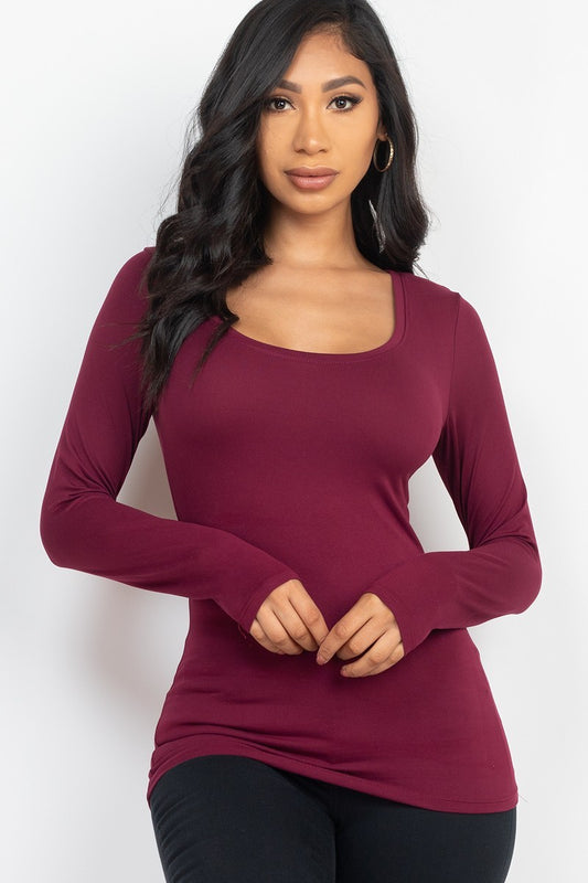 Women's Scoop Neck Solid Long Sleeve Tee Soft T-Shirt Top - Burgundy