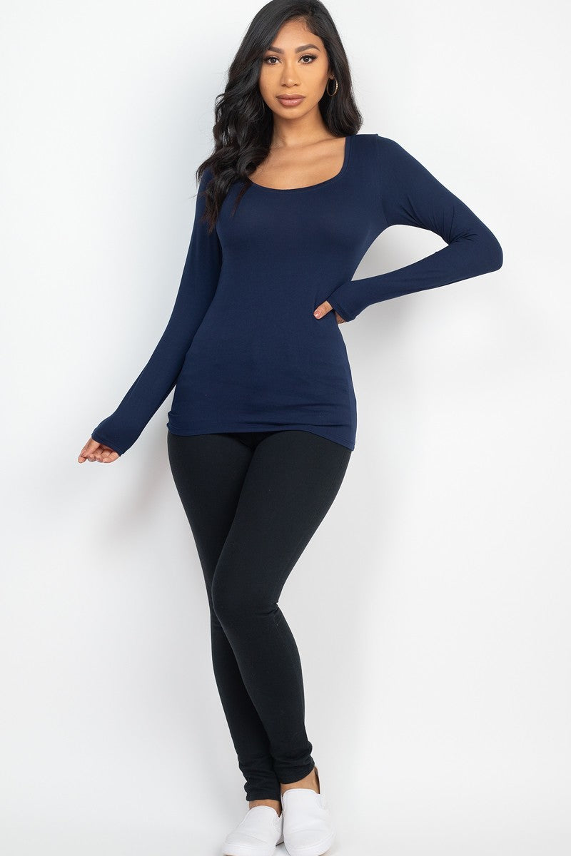 Women's Scoop Neck Solid Long Sleeve Tee Soft T-Shirt Top - Navy Blue