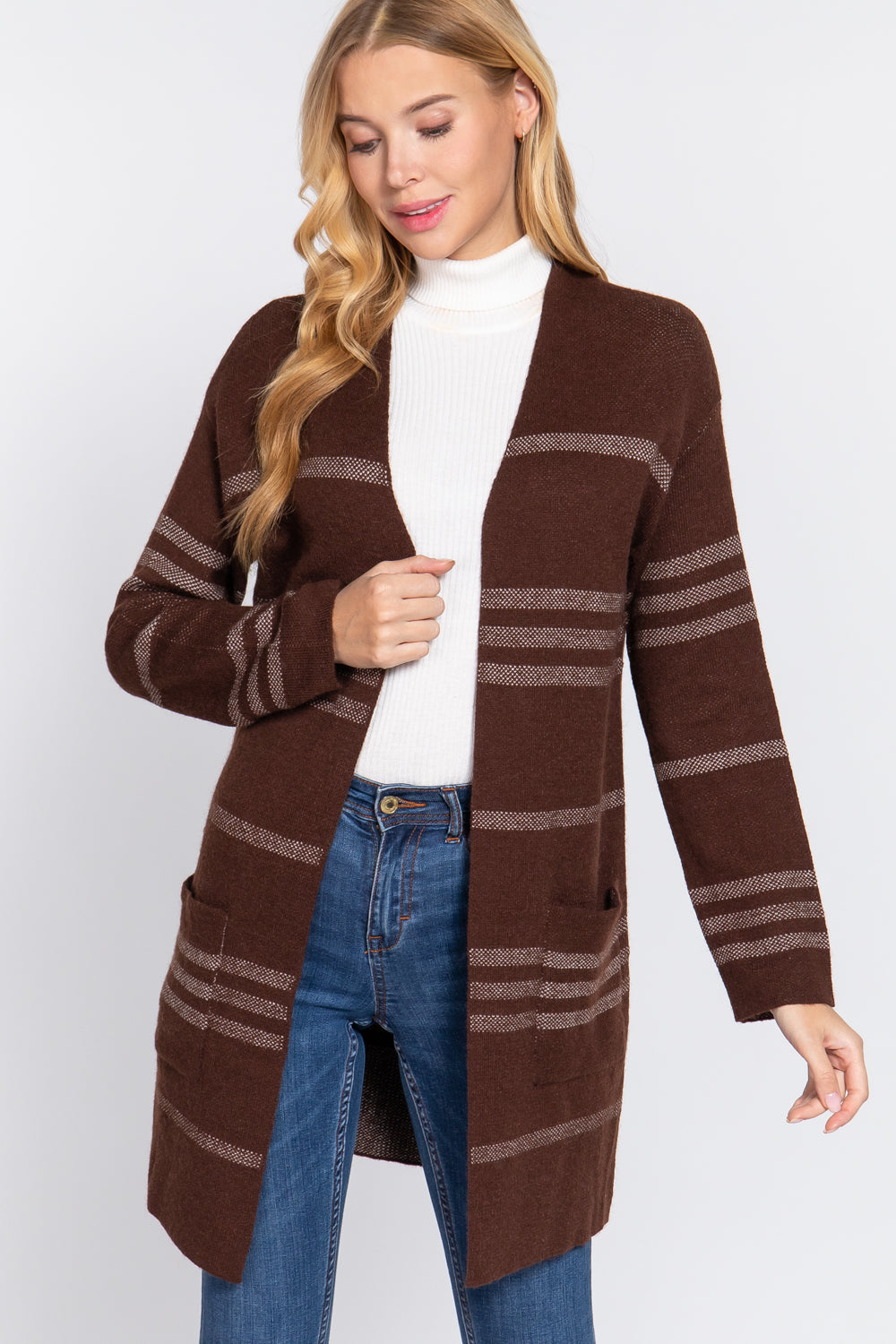 Women's Dolman Long Sleeve Stripe Open Sweater Slouchy Cardigan Pockets - Brown