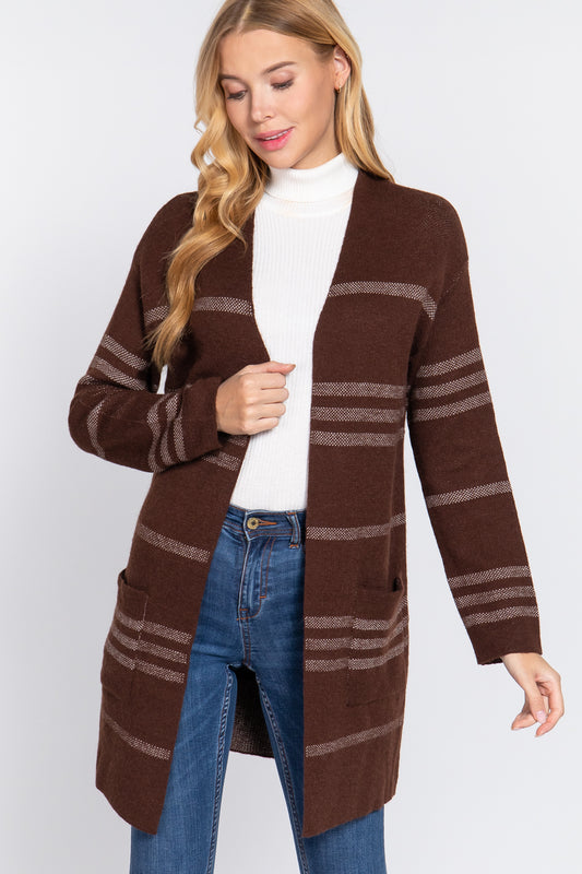 Women's Dolman Long Sleeve Stripe Open Sweater Slouchy Cardigan Pockets - Brown