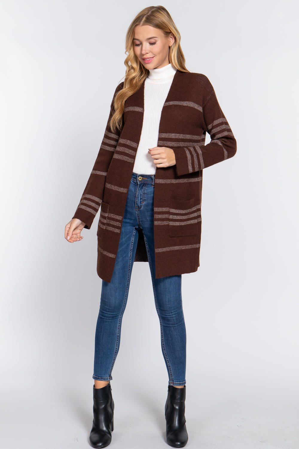 Women's Dolman Long Sleeve Stripe Open Sweater Slouchy Cardigan Pockets - Brown
