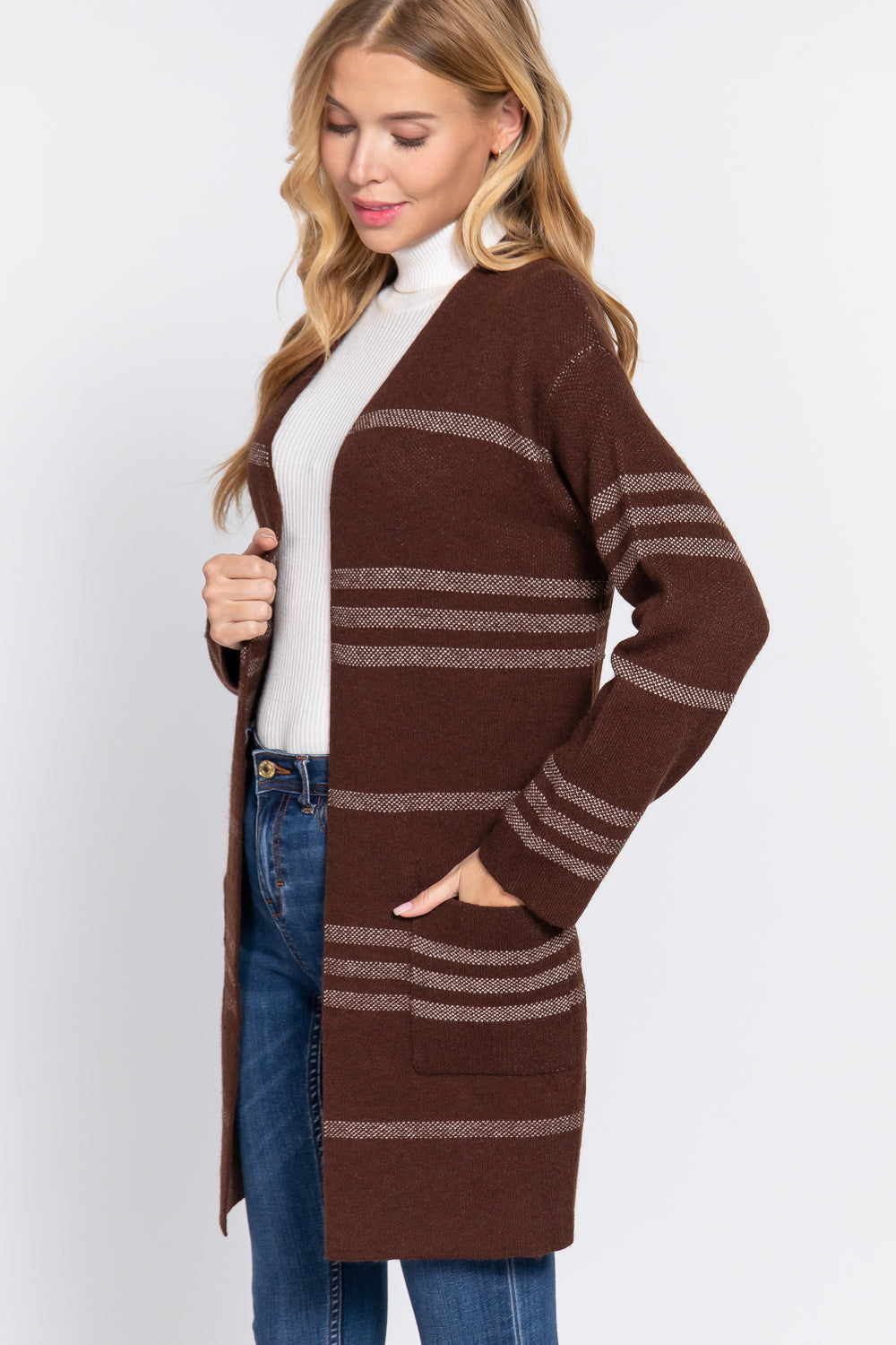 Women's Dolman Long Sleeve Stripe Open Sweater Slouchy Cardigan Pockets - Brown