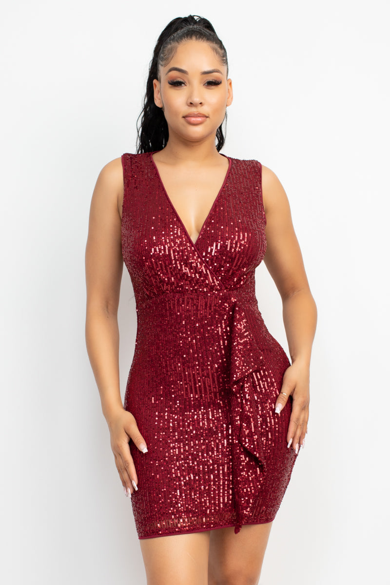 Women's Sequin Mesh V-neck Sleeveless Back Zipper Bodycon Mini Dress - Burgundy