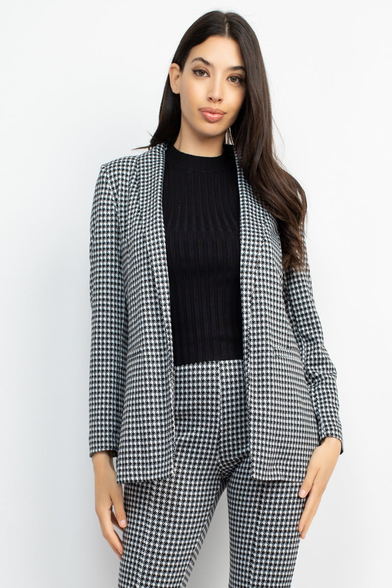 Women's Houndstooth Open Front Blazer Jacket Notch Seamed Long Sleeve Slim Coat