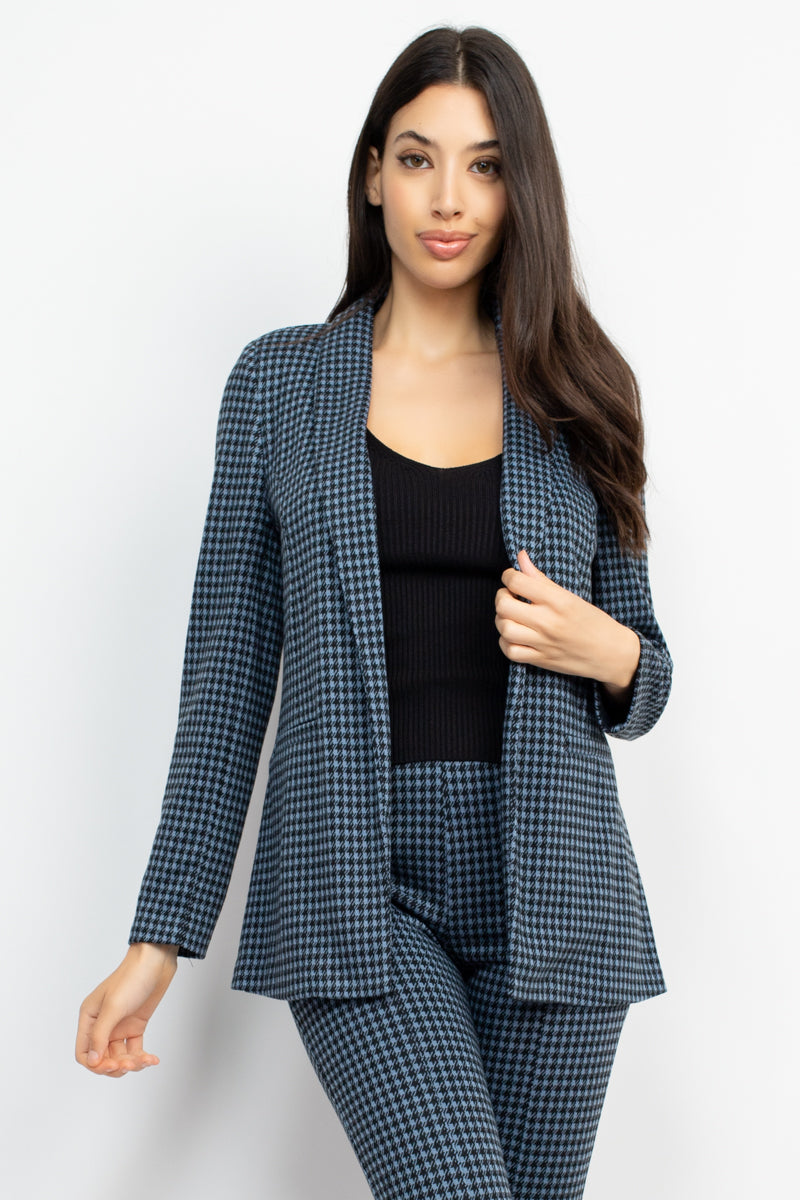 Women's Houndstooth Open Front Blazer Jacket Notch Seamed Long Sleeve Slim Coat