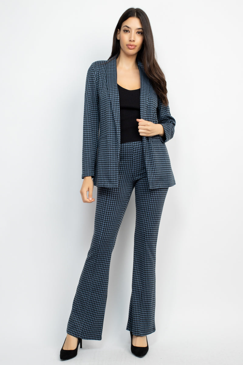Women's Houndstooth Open Front Blazer Jacket Notch Seamed Long Sleeve Slim Coat