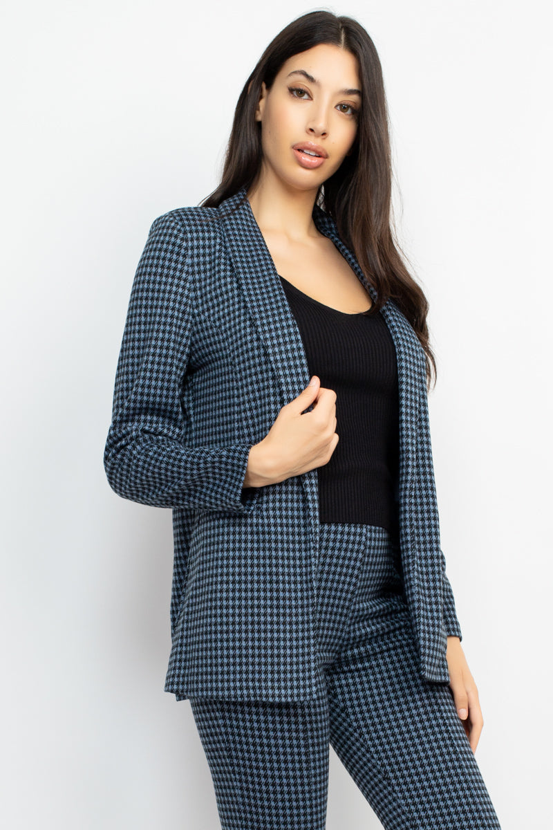Women's Houndstooth Open Front Blazer Jacket Notch Seamed Long Sleeve Slim Coat