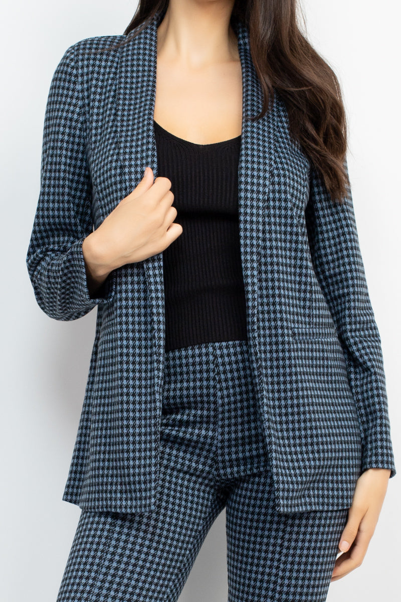 Women's Houndstooth Open Front Blazer Jacket Notch Seamed Long Sleeve Slim Coat
