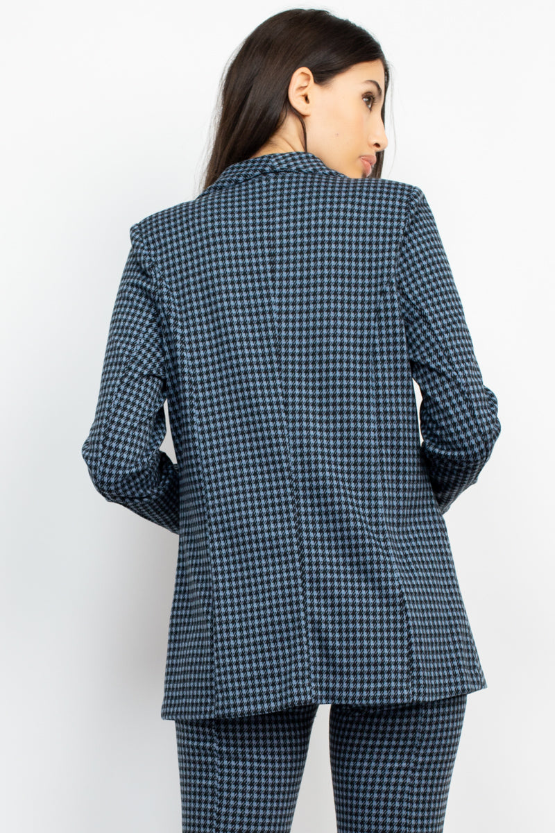Women's Houndstooth Open Front Blazer Jacket Notch Seamed Long Sleeve Slim Coat