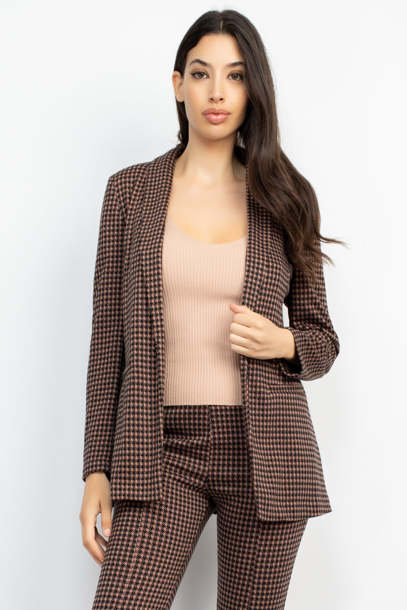 Women's Houndstooth Open Front Blazer Jacket Notch Seamed Long Sleeve Slim Coat
