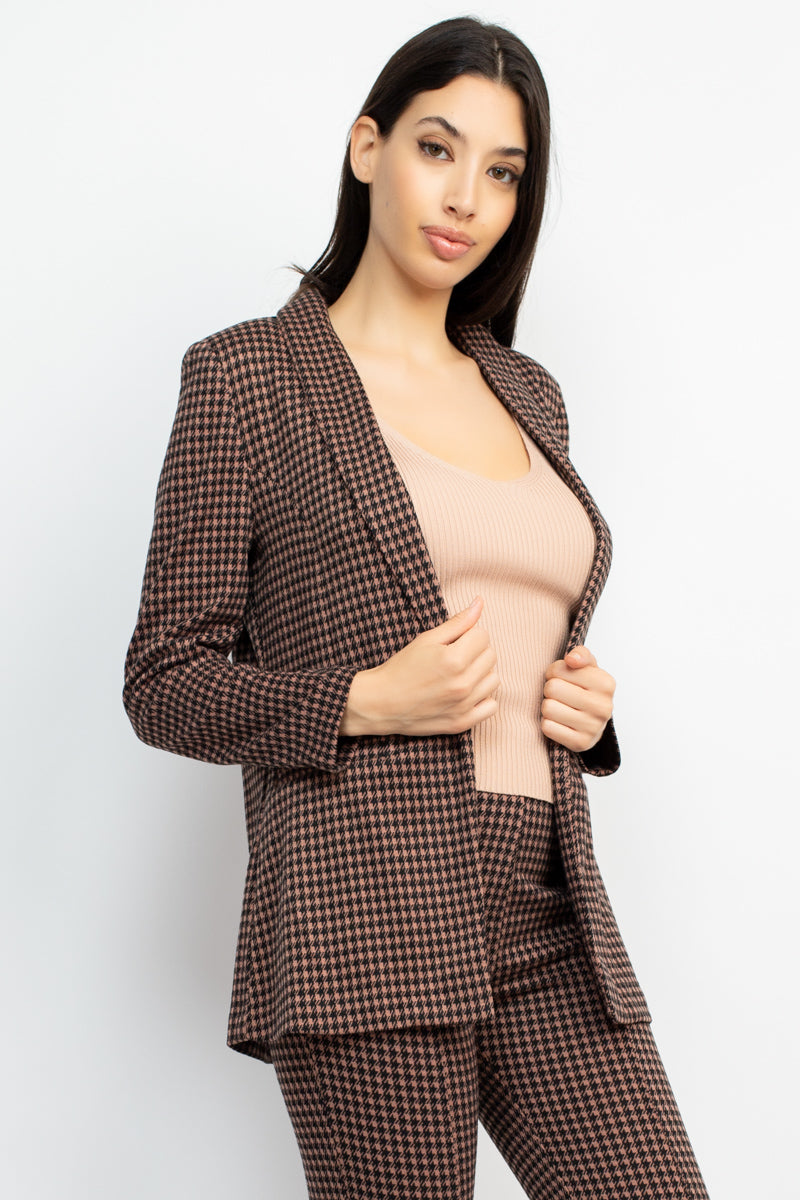 Women's Houndstooth Open Front Blazer Jacket Notch Seamed Long Sleeve Slim Coat