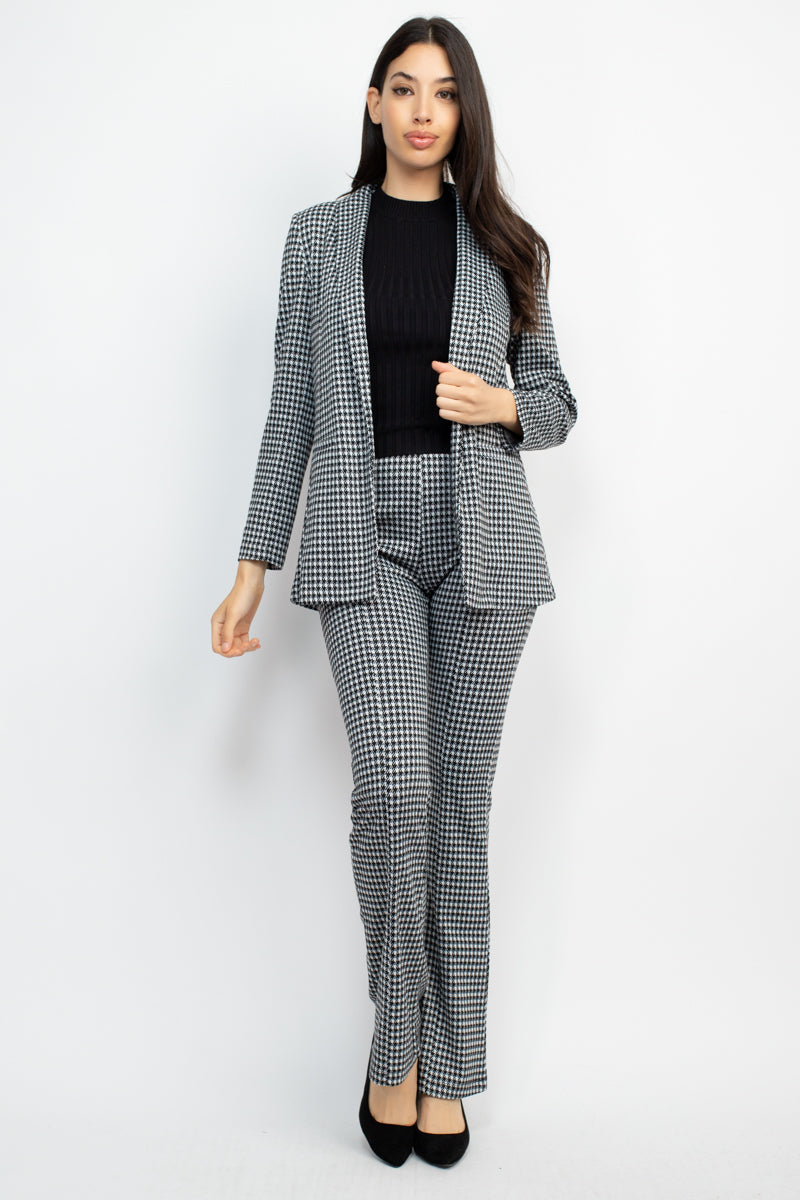 Women's Houndstooth Open Front Blazer Jacket Notch Seamed Long Sleeve Slim Coat