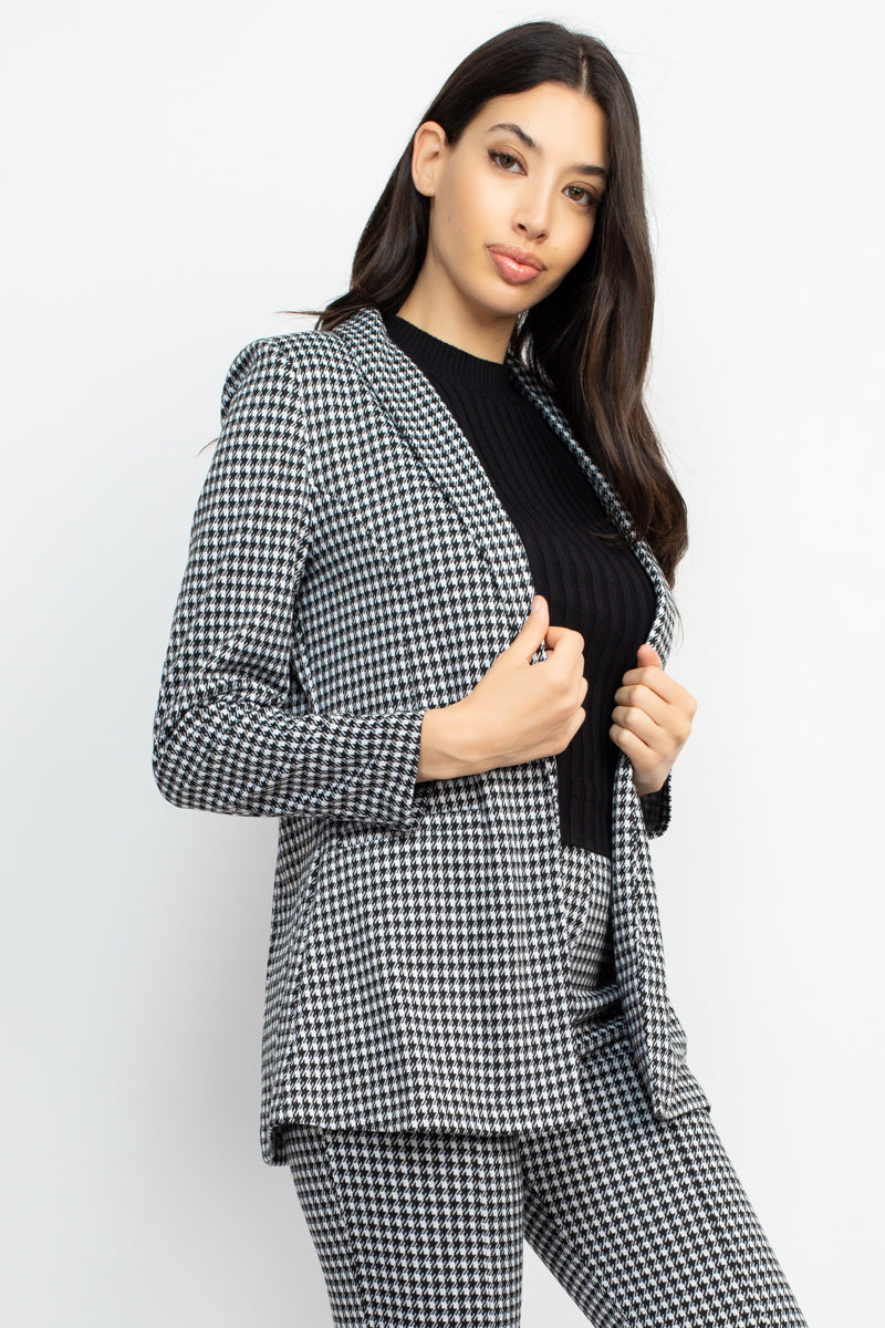 Women's Houndstooth Open Front Blazer Jacket Notch Seamed Long Sleeve Slim Coat