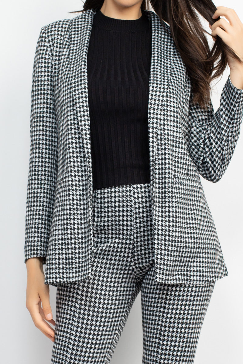 Women's Houndstooth Open Front Blazer Jacket Notch Seamed Long Sleeve Slim Coat