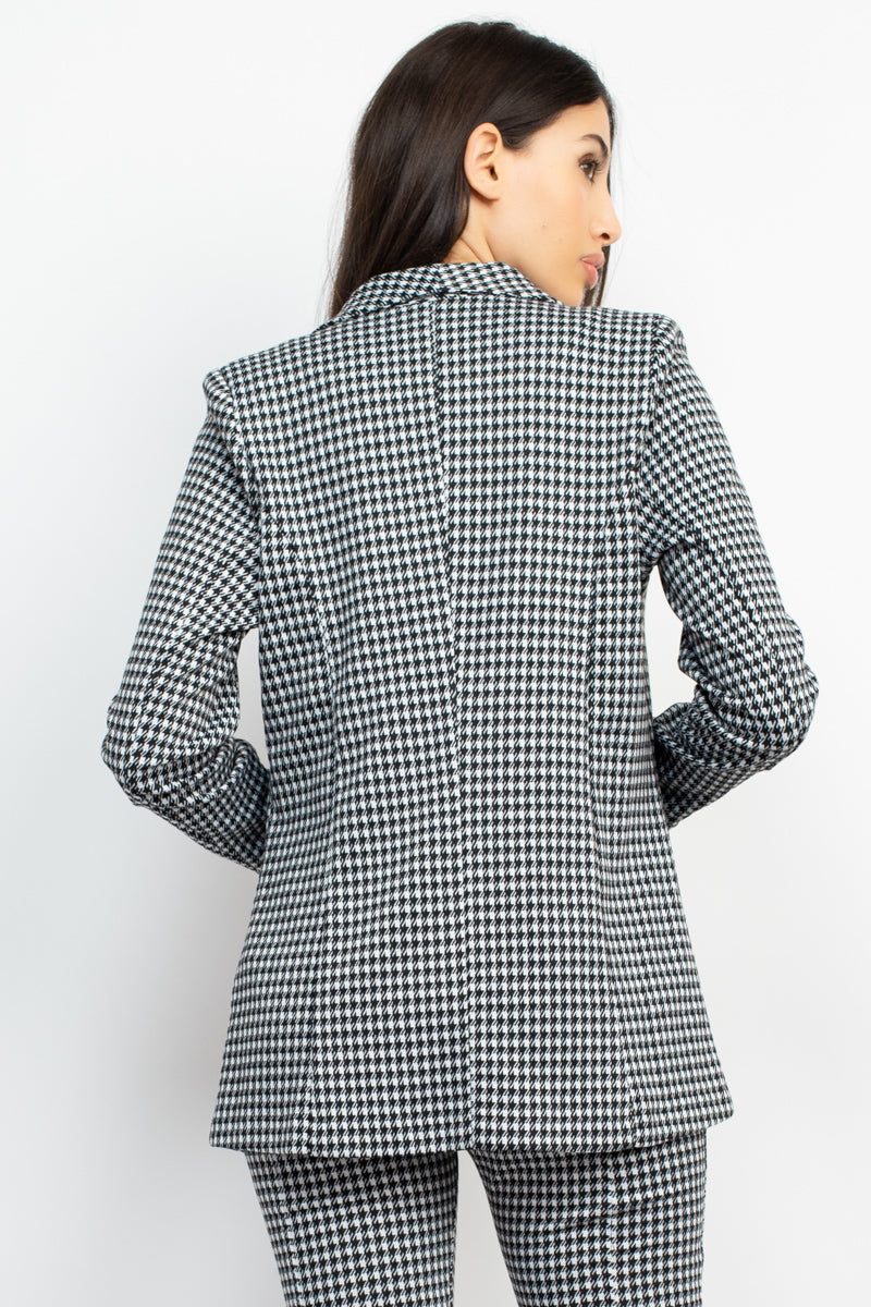 Women's Houndstooth Open Front Blazer Jacket Notch Seamed Long Sleeve Slim Coat