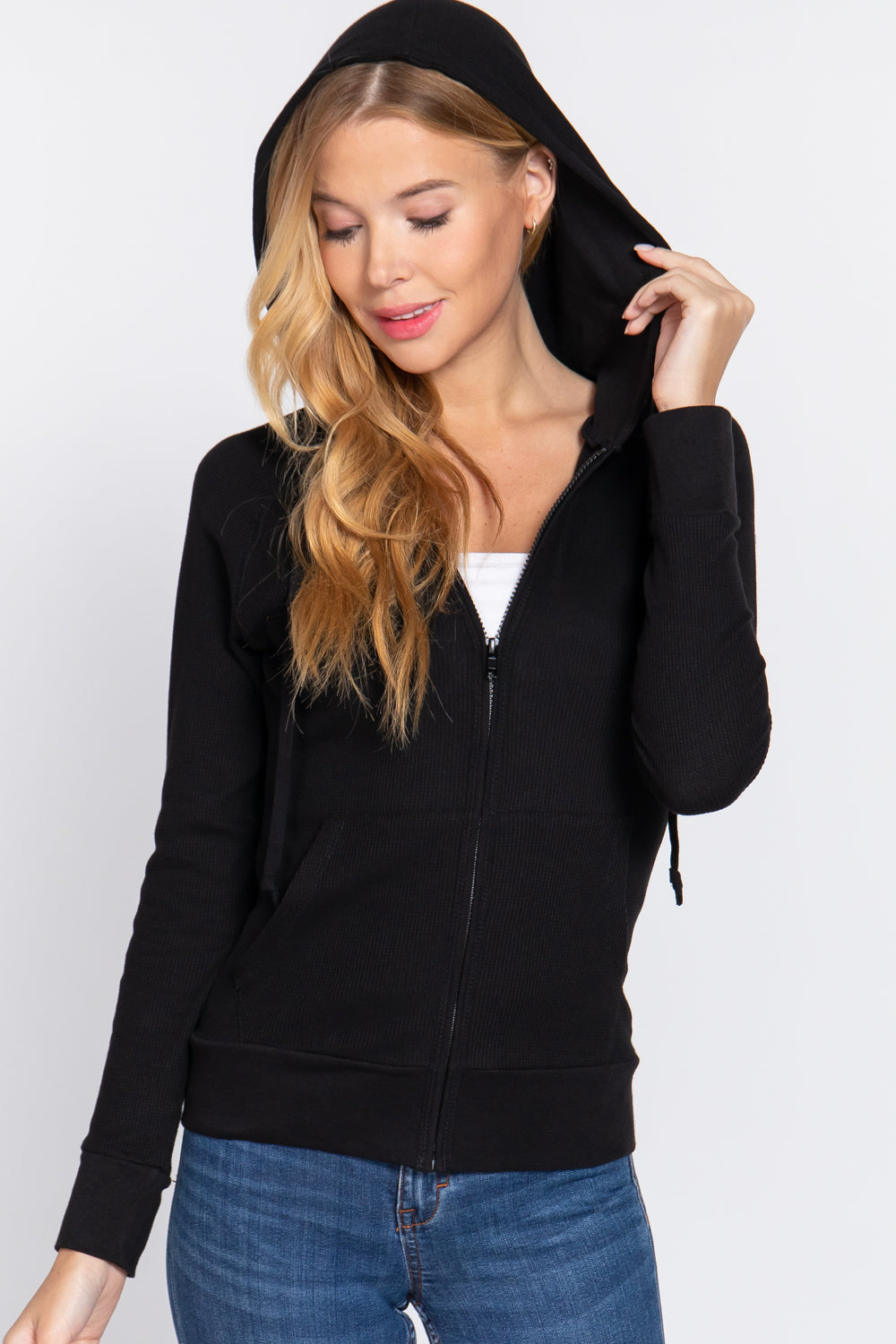 Women's Thermal Hoodie Sweatshirt Jacket Long Sleeve Full-Zip Pockets - Black