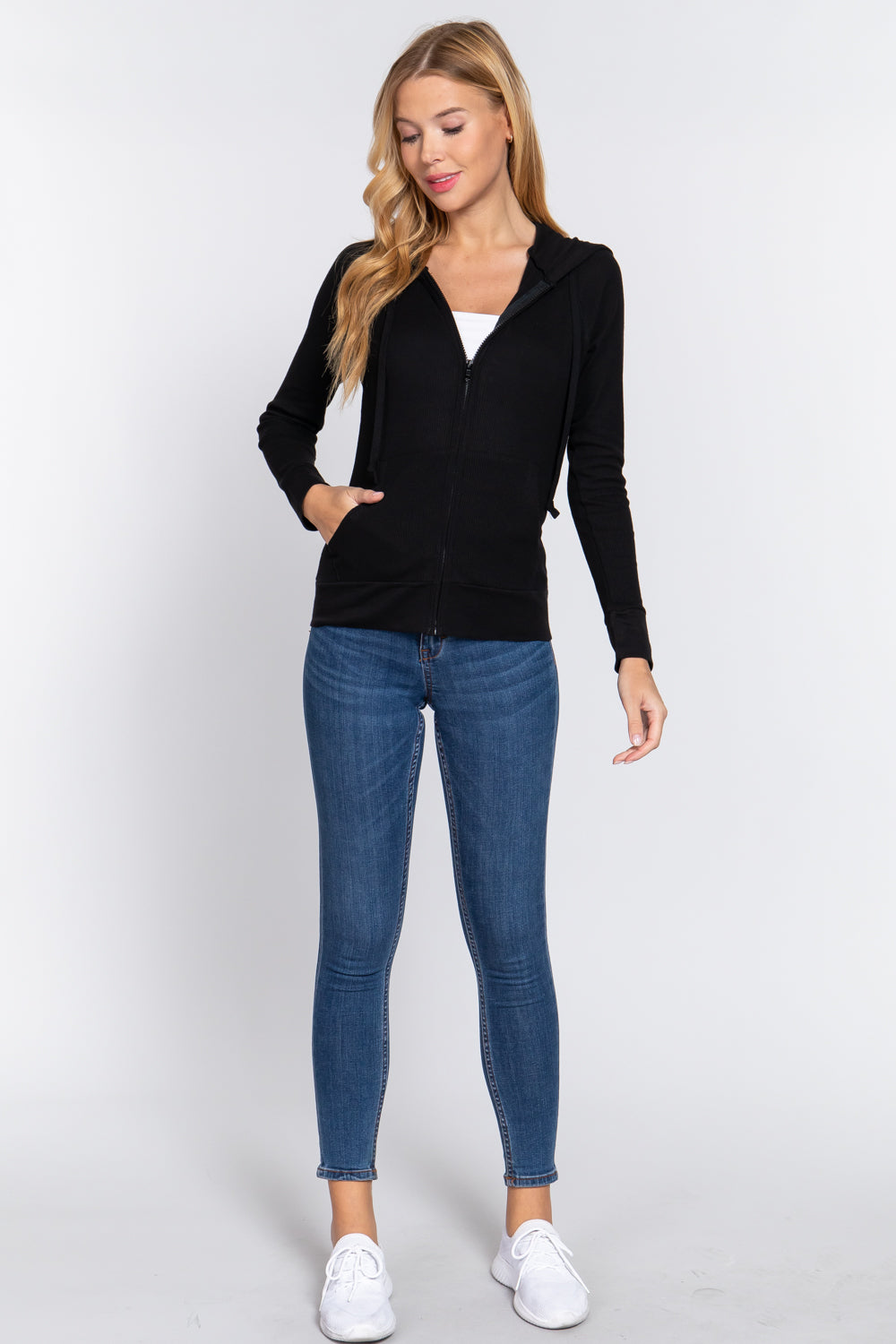 Women's Thermal Hoodie Sweatshirt Jacket Long Sleeve Full-Zip Pockets - Black